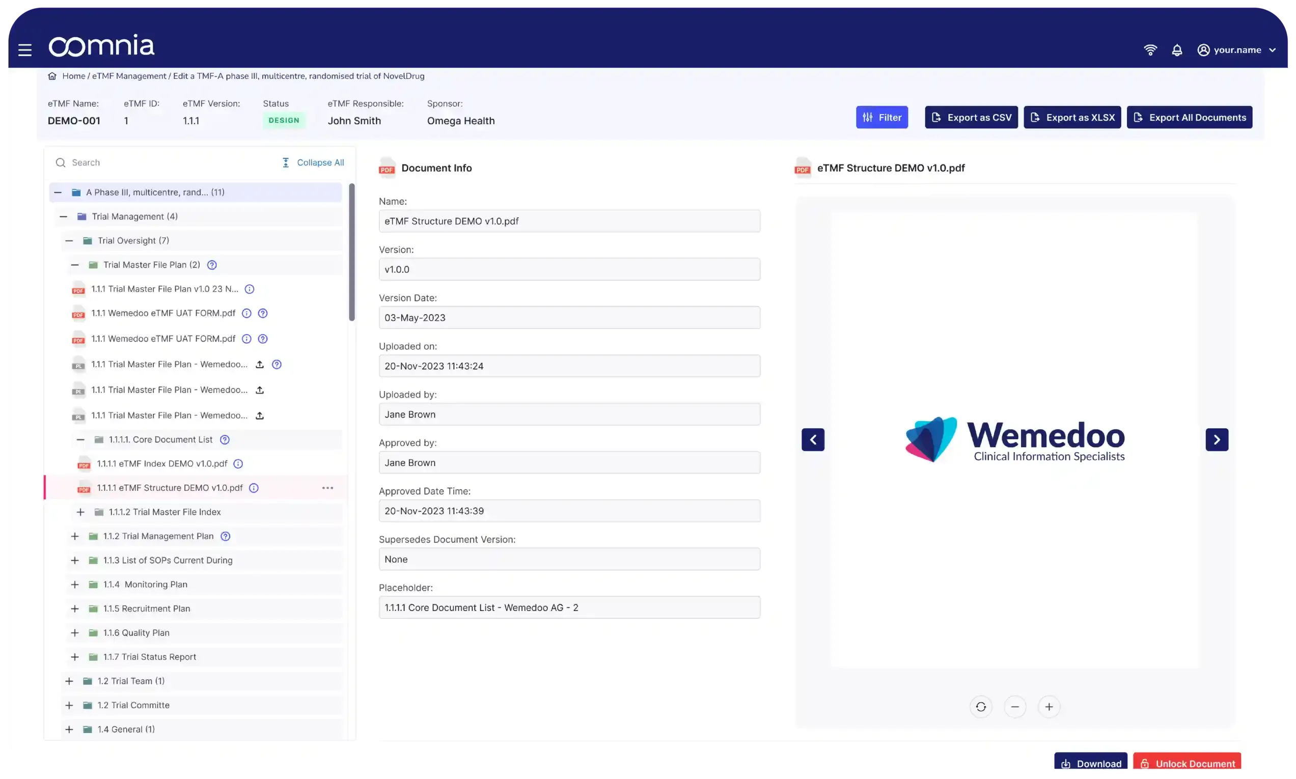 oomnia eTMF document management interface showing trial master file structure and compliance tracking